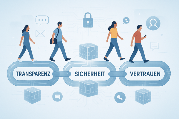 Menschen gehen auf einer Blockchain-Lieferkette mit Symbolen für Transparenz, Sicherheit und Vertrauen.
