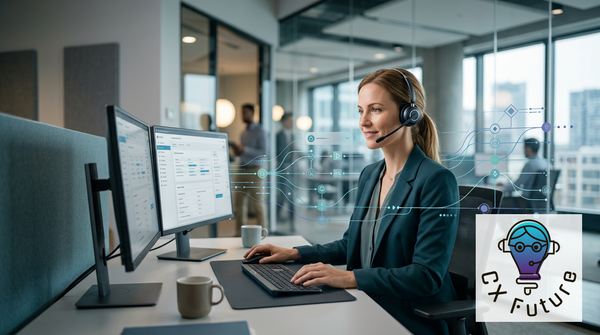 Abstrakte Visualisierung von Agentic AI im Contact Center mit CX Future Logo